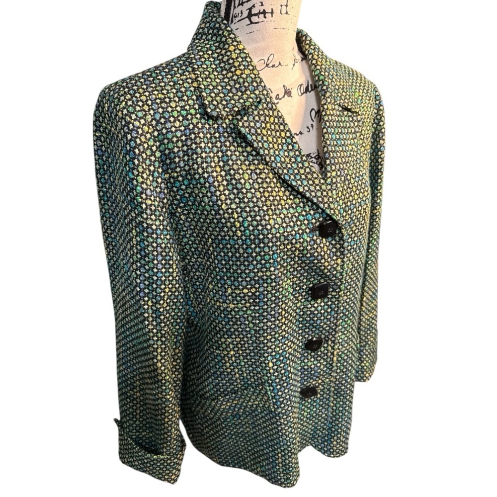 Vintage Green Teal Woven Textured Blazer Jacket Retro Button Front M/L